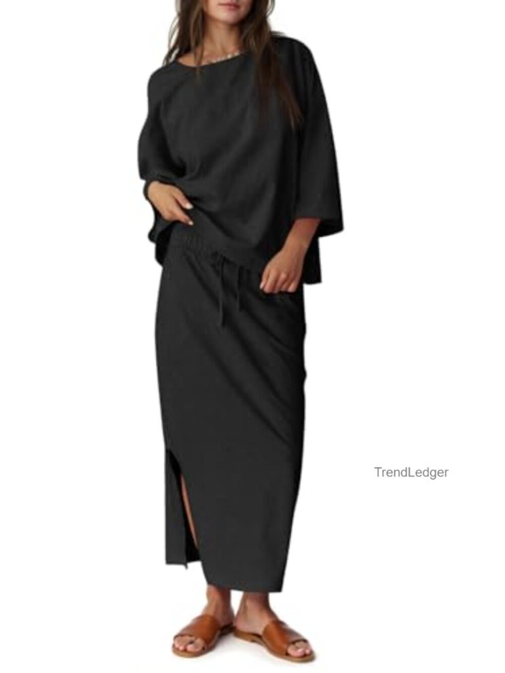 Womens 2 Piece Skirt Set Oversized 3/4 Sleeve Top Maxi Skirt Cotton Blend